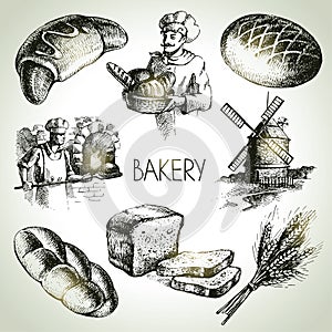 Bakery sketch icon set. Vintage hand drawn illustrations