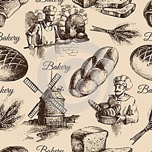 Bakery sketch seamless pattern. Vintage hand drawn illustration