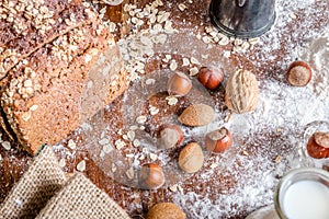 At the bakery, still life with bread, nuts and flour