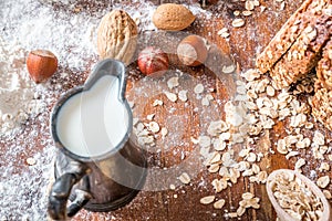 At the bakery, still life with bread, nuts and flour