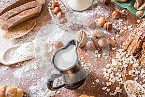 At the bakery, still life with bread, nuts and flour