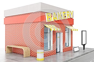 Bakery Store with copy space board isolated on white background. Modern shop buildings, store facades. Exterior market