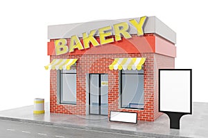 Bakery Store with copy space board isolated on white background. Modern shop buildings, store facades. Exterior market