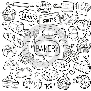 Bakery Sweets and Desserts Cook Equipment Traditional Doodle Icons Sketch Hand Made Design Vector