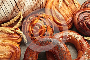 Bakery - various kinds of breadstuff. Bread rolls, bagel, sweet bun