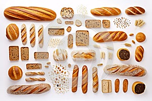 Bakery - various kinds of breadstuff on white background. Top view