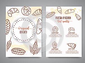 Bakery vintage brochure with sketch pastries, sweets, desserts, cake, muffin and bun. Hand drawn design for menu, banner