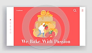 Bakery Website Landing Page, Chef Character in Uniform and Hat Cook Festive Cake Decorating with Strawberries