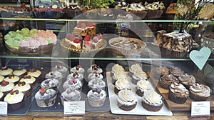 A bakery window display showcasing a variety of delectable treats all enticingly labeled as glutenfree vegan or lowsugar photo