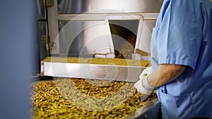 A bakery worker bakes loaves of bread on a conveyor belt. Tray with fresh black bread in a bakery. Bread production