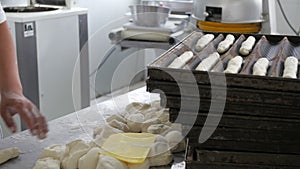 Bakery worker making soft rolls in industrial kitchen