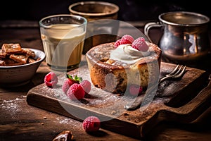 Bakewell pudding served with finesse on a rustic wooden table.