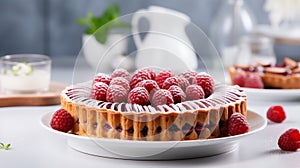 Bakewell tart with frangipane filling and raspberry jam on blurred white kitchen background