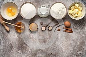 Baking background. Baking ingredients: flour, eggs, sugar, butter, milk and spices. Top view