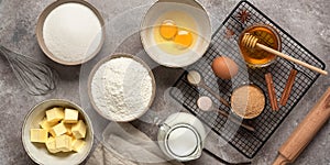 Baking background banner. Baking ingredients: flour, eggs, sugar, butter, milk and spices. Top view
