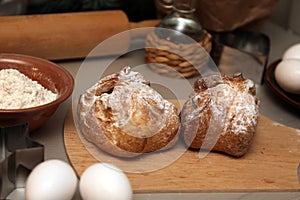 Baking background with cutting board, egg, bread, flour, rolling pin