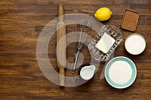 Baking background with eggshell and rolling pin