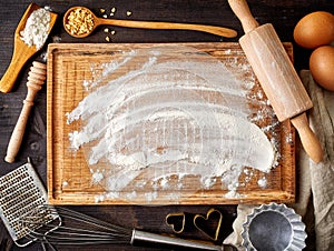 Baking background with flour, eggs and tools