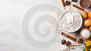 Baking background. Ingredients for cooking baking - flour, eggs, sugar, milk and spices. Top view with copy space on