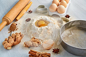 Baking background. Raw igredients for cake eggs, spices, flour and bakery supplies. Kitchen table