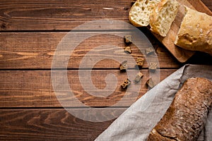 Baking bread ingredients on wooden table background top view mockup