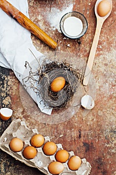 Baking cake ingredients - bowl, flour, eggs, egg whites foam