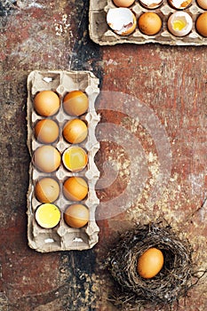 Baking cake ingredients - bowl, flour, eggs, egg whites foam