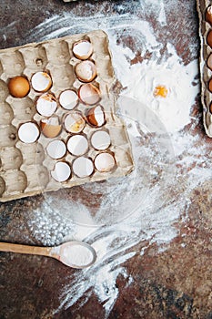 Baking cake ingredients - bowl, flour, eggs, egg whites foam