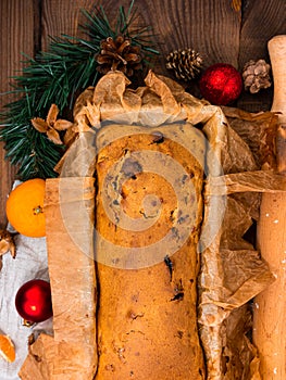 Baking cake with rolling pin on rural rustic wooden background flat lay. Dough recipe ingredients eggs wholegrain flour