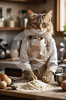 Baking Cat in Apron Making Dough in Rustic Kitchen