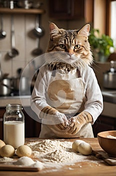 Baking Cat in Apron Making Dough in Rustic Kitchen