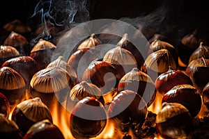 Baking Chestnuts, Autumn Edible Chestnuts in Fire, Roasted Chestnut, Abstract Generative Ai Illustration