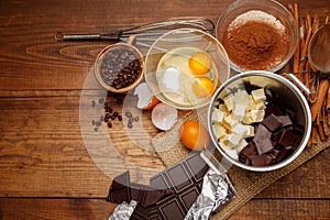 Baking chocolate cake in rural or rustic kitchen.