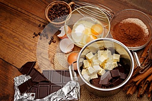 Baking chocolate cake in rural or rustic kitchen.