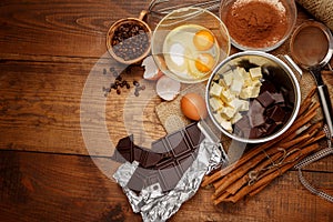 Baking chocolate cake in rural or rustic kitchen.