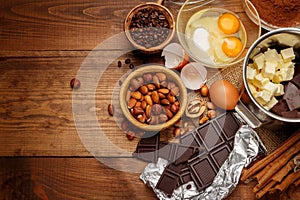 Baking chocolate cake in rural or rustic kitchen.