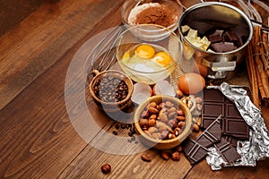 Baking chocolate cake in rural or rustic kitchen.