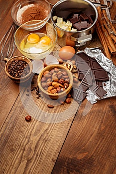 Baking chocolate cake in rural or rustic kitchen.