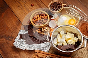 Baking chocolate cake in rural or rustic kitchen.