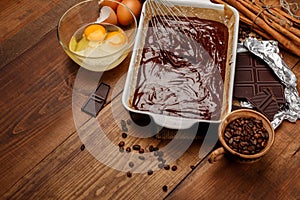 Baking chocolate cake in rural or rustic kitchen.