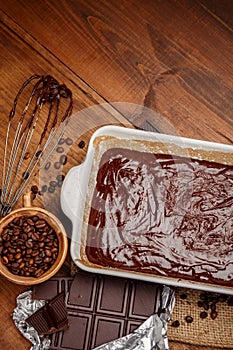 Baking chocolate cake in rural or rustic kitchen.