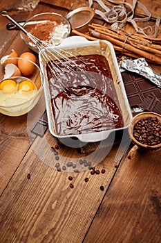 Baking chocolate cake in rural or rustic kitchen.