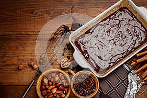 Baking chocolate cake in rural or rustic kitchen.