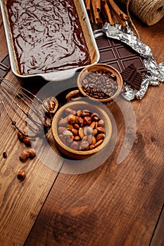 Baking chocolate cake in rural or rustic kitchen.