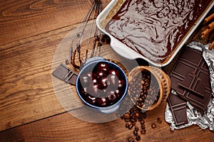 Baking chocolate cake in rural or rustic kitchen.