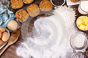 Baking cookies, recipe, ingredients, background copy space in floue