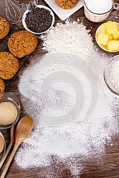 Baking cookies ingredients recipe copy space vertical