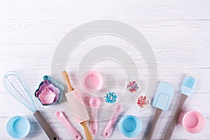 Baking and cooking utensils. Flat lay . mockup for recipe onwhite background. photo