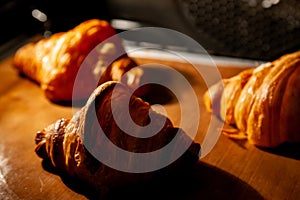 Baking croissants in an oven.