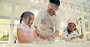 Baking, dough and a dad teaching his girls about cooking in the kitchen of their home together. Pastry, children or